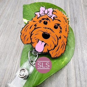 Red Poodle Badge Reel With Bow- Toy Poodle-Brown Doodle ID Holder
